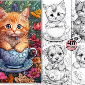 48 Pets in a Teacup Coloring Book for Adults, Kids and Teens, Kawaii Animal Coloring Sheets, Greyscale PDF Printable, Cat and Dog Coloring