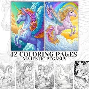 42 Majestic Pegasus Coloring Pages, Unicorn Coloring Sheets, Fantasy Color, Horse Animal Coloring Book, PDF Printable Greyscale for Kids