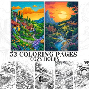53 Cozy Holes Coloring Book, Greyscale for Teens and Adults, Fantasy and Shire Coloring, Shire Village, Buildings Coloring, Nature Color