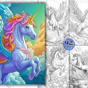 42 Unique Pegasus Coloring Book for Adults, Fantasy Coloring Sheets, Animal Colorization, Unicorn Coloring Pages, PDF Printable Horse Color