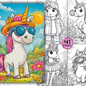 41 einzigartige lustige Einhörner Malseiten für Kinder und Erwachsene, süße Mädchen Malbuch Fantasie, Malvorlagen, Pferde ausmalen, Märchen