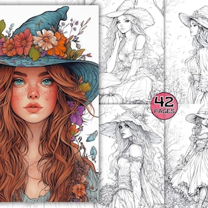 42 Fairy Witches Greyscale Coloring for Adults and Teens, Fantasy Coloring, Cute Girl Coloring, Women Colouring, Digital PDF Printable