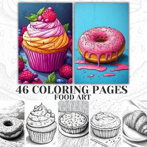 46 Food Art Coloring Pages, Donut Pie Coloring, Edible Muffin Coloring Book, PDF Printable Greyscale for Adults, Food Coloring Sheets