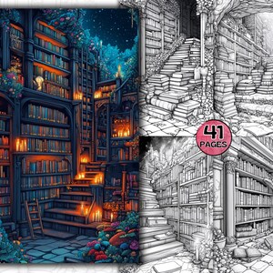 Páginas para colorear, Biblioteca mística, Páginas para colorear de la biblioteca mágica, PDF imprimible, Dibujos para colorear en escala de grises para adultos y adolescentes, Dibujos para colorear de hadas, Dibujos para colorear de fantasía