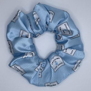 Op de afbeelding: Een lichtblauwe scrunchie met een herhaald patroon van witte labels en verticale strepen. De labels luiden "ENTERING THE EAST COAST". Dit haaraccessoire is een stijlvolle toevoeging.
