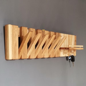 Oak wood Wall Mounted Piano Coat Rack,Flip down wall coat rack, Coat rack wall mount, Wooden wall hanger,  Oak wood rack