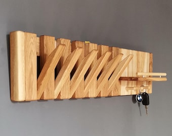Oak Wood Wall Mounted Piano Coat Rack: Flip Down Hooks