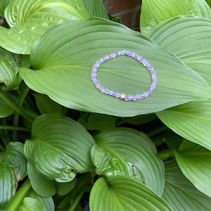 May include: A bracelet made of iridescent purple and clear beads, with a gold star charm. The bracelet sits on a large green leaf, surrounded by other green leaves.
