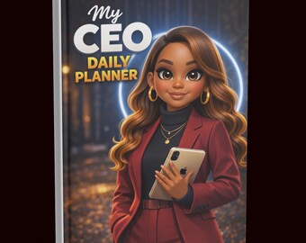 May include: A hardcover daily planner titled "My CEO Daily Planner." The cover features an illustration of a woman in a red suit holding a tablet. The woman has long brown hair and gold hoop earrings. A blue neon light surrounds her.
