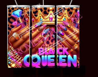 May include: Three tall, skinny tumblers with a black background. Each tumbler features a design of a crown, bejeweled hands, and the words "BLACK QUEEN" in a gradient font. The background has a leopard print.