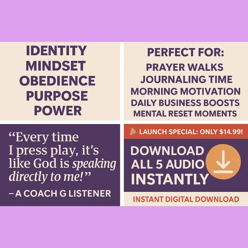 May include: Digital download graphic with text including "Identity, Mindset, Obedience, Purpose, Power." Also includes "Download All 5 Audio Instantly" with a download icon. The image is on a lavender background.