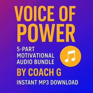 Może przedstawiać: Grafika cyfrowa z napisem „VOICE OF POWER” dużymi żółtymi literami. Poniżej tekst brzmi „5-PART MOTIVATIONAL AUDIO BUNDLE BY COACH G INSTANT MP3 DOWNLOAD”. Po prawej stronie żółte koło z nutą.