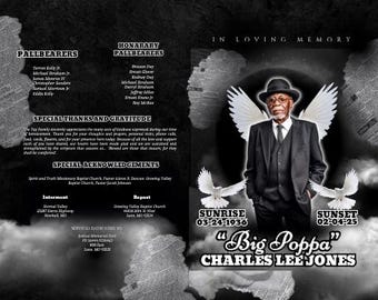 May include: A memorial service program with a portrait of Charles Lee Jones, with the text "Big Poppa" and dates of birth and death. The design includes angel wings, doves, and lists of pallbearers and acknowledgements.