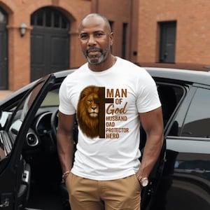 Man of God PNG | Christian Lion Cross Shirt Design | Husband Dad Protector Hero PNG | Faith-Based Sublimation Download for Men’s Apparel