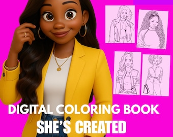 May include: Digital coloring book with 30 pages featuring a black woman with long black hair wearing a yellow blazer and blue jeans. The text "She's Created For More" is written in large letters below the image. The text "Because Ordinary was never her portion" is written in smaller letters below the large text. The text "DIGITAL COLORING BOOK" is written in large letters at the bottom of the image.