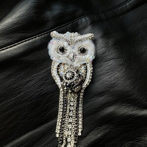 Handmade Beaded Owl Brooch with Crystals and Fringe – White Iridescent Owl Pin – Elegant Animal Jewelry Gift for Her