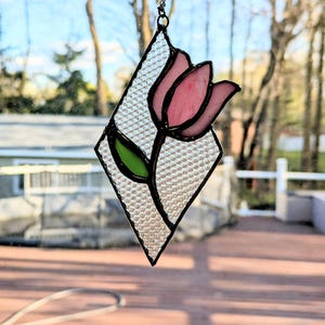 Stained Glass Suncatcher Dutch Tulip Pink Flower Homemade