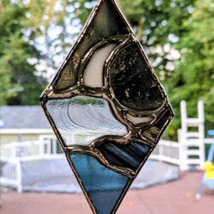Stained Glass Suncatcher Crescent Moon and Cloud Night Gray Handmade
