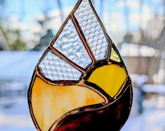 Stained Glass Teardrop Sunny Landscape Suncatcher Handmade - Copper Finish