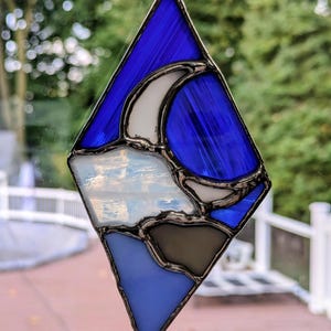 Stained Glass Suncatcher Crescent Moon and Cloud Night Blue Handmade
