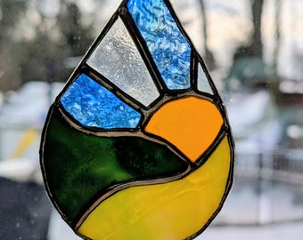 Stained Glass Teardrop Sunny Landscape Suncatcher Handmade