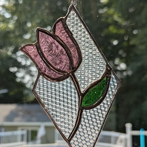 Stained Glass Suncatcher Dutch Tulip Pink Flower Homemade