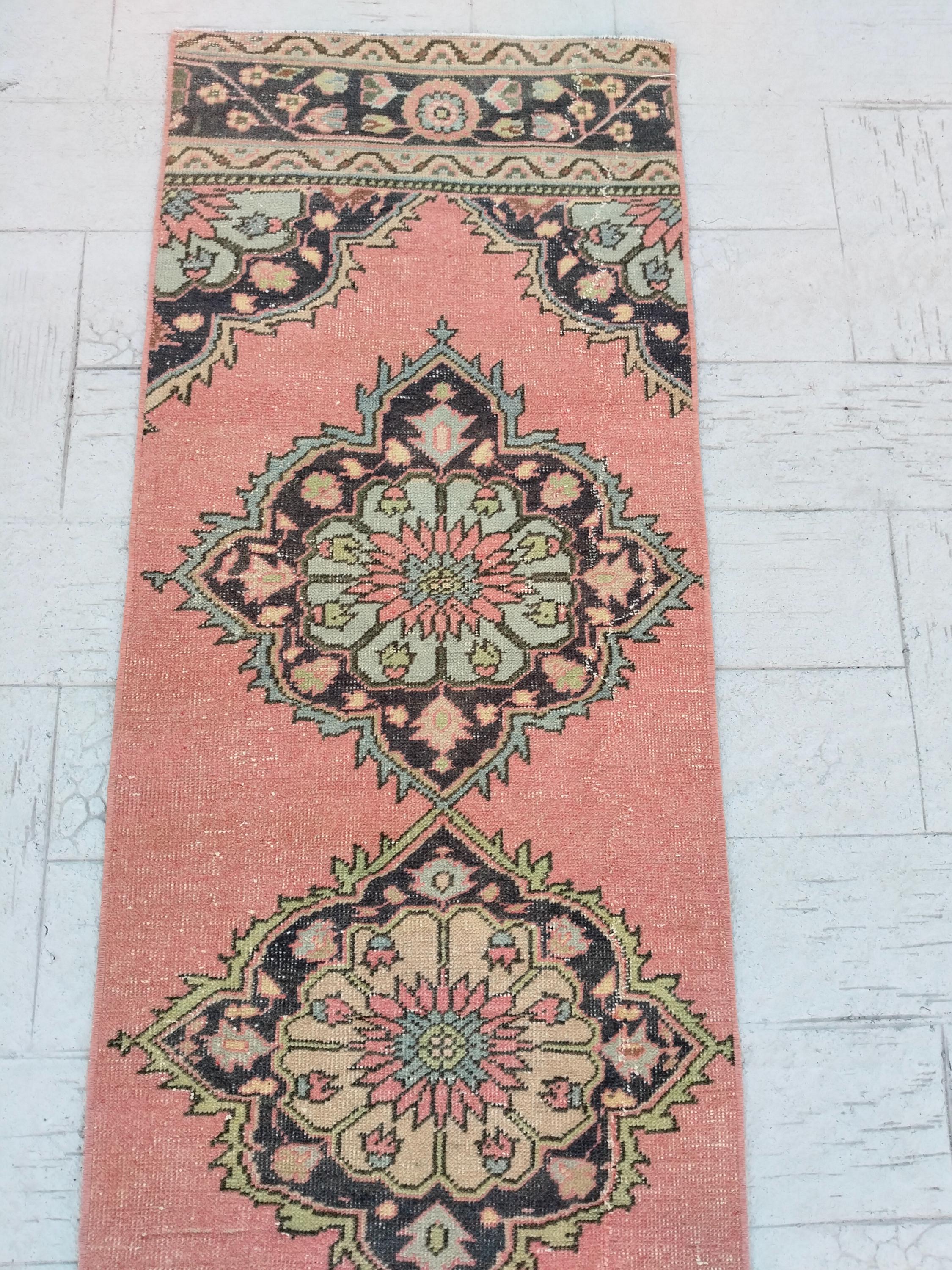 2x24 ヴィンテージ トルコ製 廊下用 ハンドメイド ウール ランナー