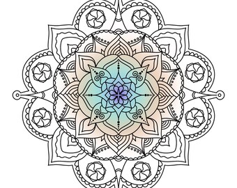 May include: A black and white mandala coloring page with a colorful mandala in the center. The mandala has a gradient of pink, orange, green, and blue. The text "MANDALA COLORING" is at the top of the page and "BABALLODESIGNS" is at the bottom.
