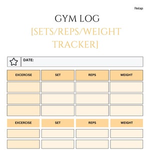 May include: A printable gym log tracker with a yellow star, the words "Gym Log" and "[Sets/Reps/Weight Tracker]" at the top, and columns labeled "Exercise", "Set", "Reps", and "Weight".