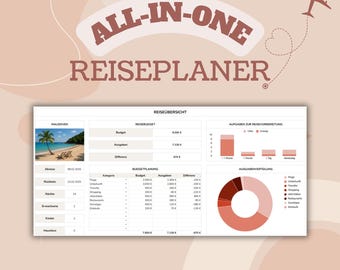 Puede incluir: Una hoja de cálculo con el título "All-in-One Reiseplaner" para planificar un viaje a las Maldivas. La hoja de cálculo incluye secciones para la planificación del presupuesto, los gastos y las tareas que se deben completar antes del viaje. La hoja de cálculo también incluye un gráfico circular que muestra la distribución de los gastos.