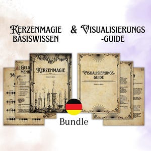 May include: A printable bundle of guides for candle magic and visualization. The guides feature vintage-style illustrations and text in German. The bundle includes a guide for candle magic, a guide for visualization, and a guide for money magic. The guides are printed on a cream-colored paper.