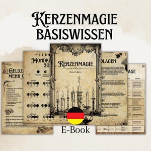 Op de afbeelding: Een e-bookcover in vintage stijl met de titel "Kerzenmagie Basiswissen" in zwarte tekst op een witte achtergrond. De cover bevat illustraties van kaarsen, een maankalender en een Duitse vlag. De tekst "E-Book" is in zwart gedrukt aan de onderkant van de cover.