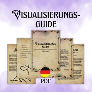 Puede incluir: Una guía PDF de cuatro páginas titulada "Visualisierungs-Guide" con una bandera alemana en la portada. La guía está diseñada para parecer un libro antiguo de estilo vintage.