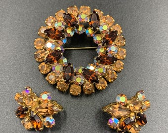 Broche y pendientes vintage Sherman Aurora Borealis Citrine Pale Visky