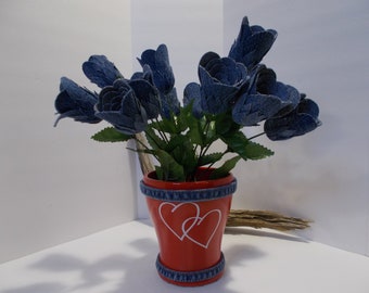 12 Denim Roses in Red Hearts Ceramic Vase w Denim Home Decor Unique Handmade Gift