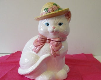 Vintage Priscilla White Persian Cat Cookie Jar Straw Bonnet Pink Bow Roses