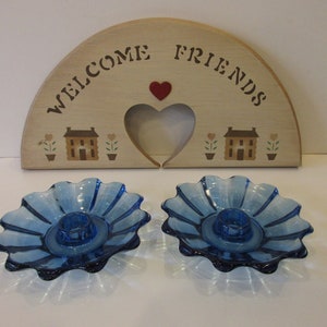 Vintage Pair of Fostoria Single Light Candle Stick in Celestial Blue