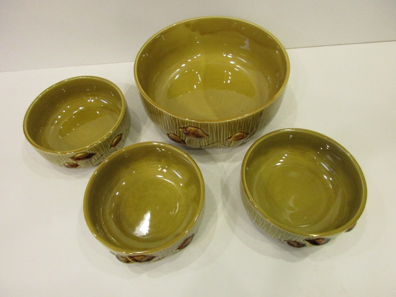 Retro Vintage Royal Sealy Imports Mushroom Relief Large Salad Bowl and 3 Smaller Bowls