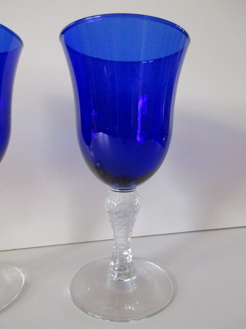Set Of 2 Cobalt Blue Crystal Goblets Clear Optic Glass Stem Etsy