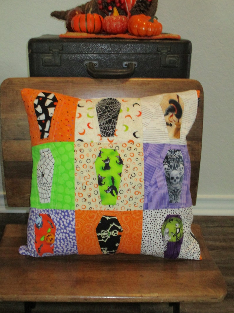 Halloween Coffins Pillow Cover Reversible with Modern Patchwork on Reverse Side 18 Cover image 3