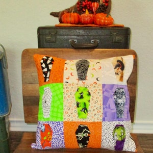 Halloween Coffins Pillow Cover Reversible with Modern Patchwork on Reverse Side 18&quot; Cover