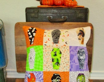 Halloween Coffins Pillow Cover Reversible with Modern Patchwork on Reverse Side 18" Cover