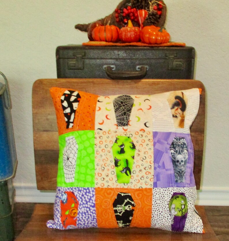 Halloween Coffins Pillow Cover Reversible with Modern Patchwork on Reverse Side 18 Cover image 1