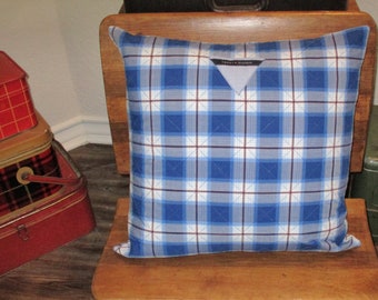 Tommy Hilfiger Up-cycled Men's Shirt to 20 Inch Quilted Pillow Cover , Navy Blue Plaid and White Plaid 17.00