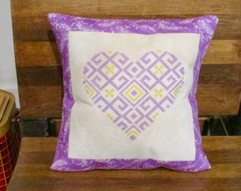 Unique Purple Heart Cross Stitch 14" Pillow Cover with Envelope Back. Quilted on the front, purple & yellow cross stitched w fabric border.