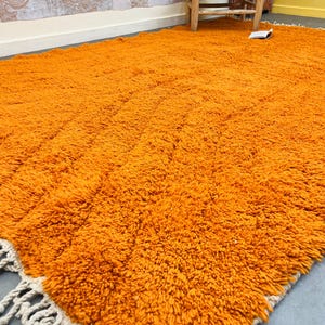 May include: A large, shaggy orange rug with a textured surface. The rug has a thick pile and a cream-colored fringe along one edge. The rug is made of a soft material and is suitable for a living room or bedroom.