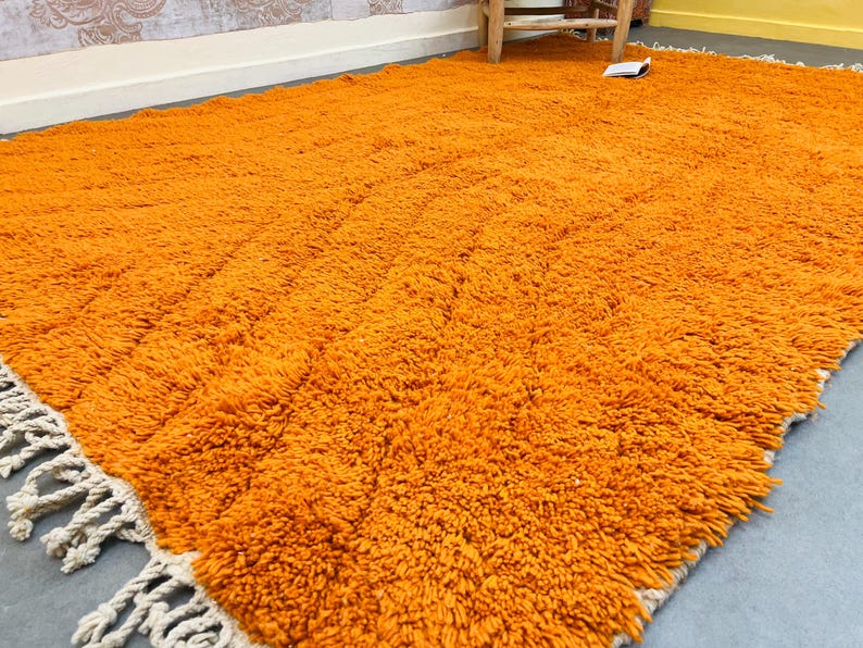 May include: A large, shaggy orange rug with a textured surface. The rug has a thick pile and a cream-colored fringe along one edge. The rug is made of a soft material and is suitable for a living room or bedroom.