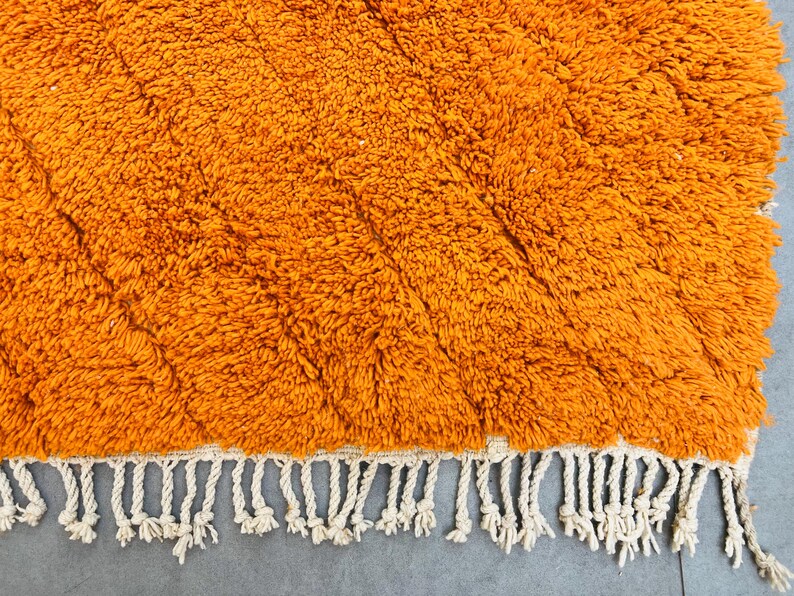 May include: Close-up of a vibrant orange rug with a textured, shaggy surface. The rug features a diamond pattern and a cream-colored fringe along one edge. The rug's warm color and texture suggest a cozy, inviting feel.
