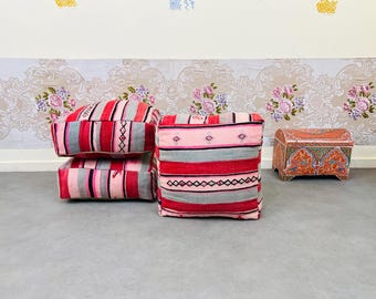 Set of 3 Moroccan Kilim Poufs: Vintage Wool Floor Cushions