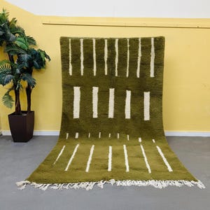 Olive Green Berber Wool Rug - Minimalist Stripe Moroccan Rug - Modern Geometric Area Rug - Handmade Wool Rug - Custom Size
